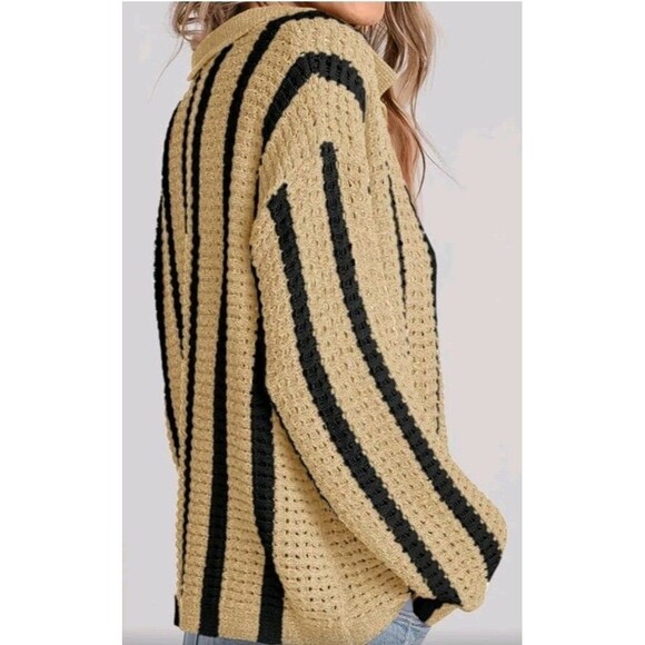 Women’s Striped Crochet Button Collared Cardigan Tan Black Mesh Lightweight, New - Picture 2 of 9